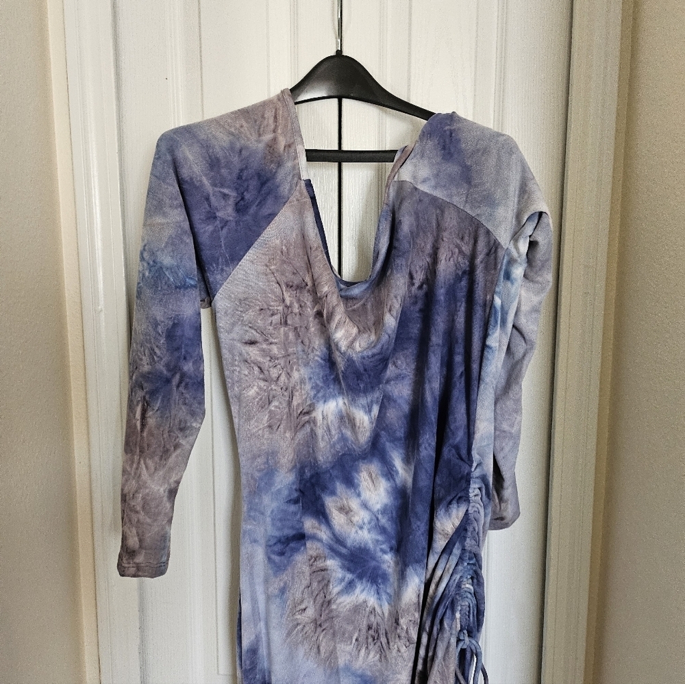 Follow Me Apparel Dress 3X Blue Purple Tie Dye Ruched Side Long Sleeve Dress - Picture 10 of 13